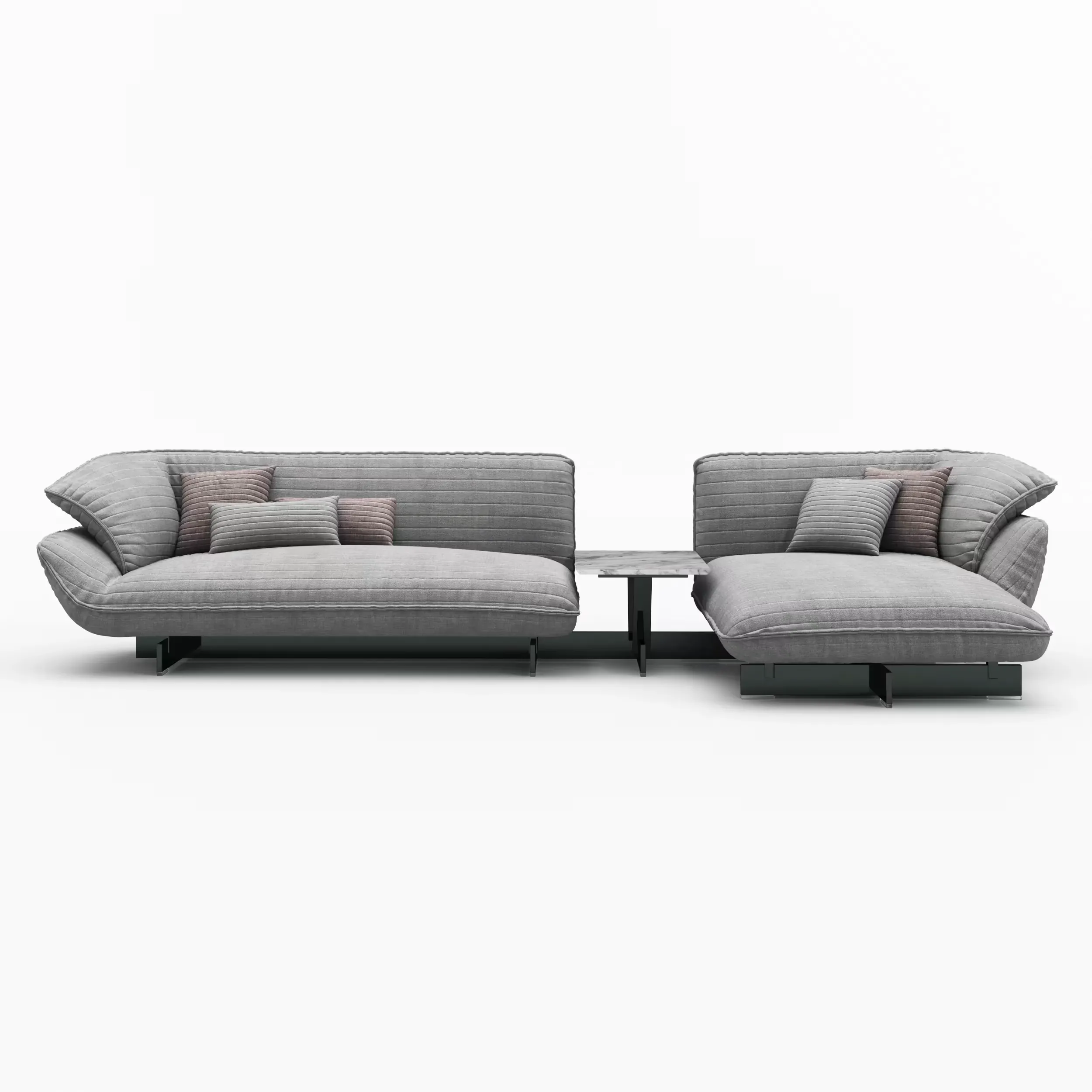 Rendering eines langen, grauen L-förmigen Sofas