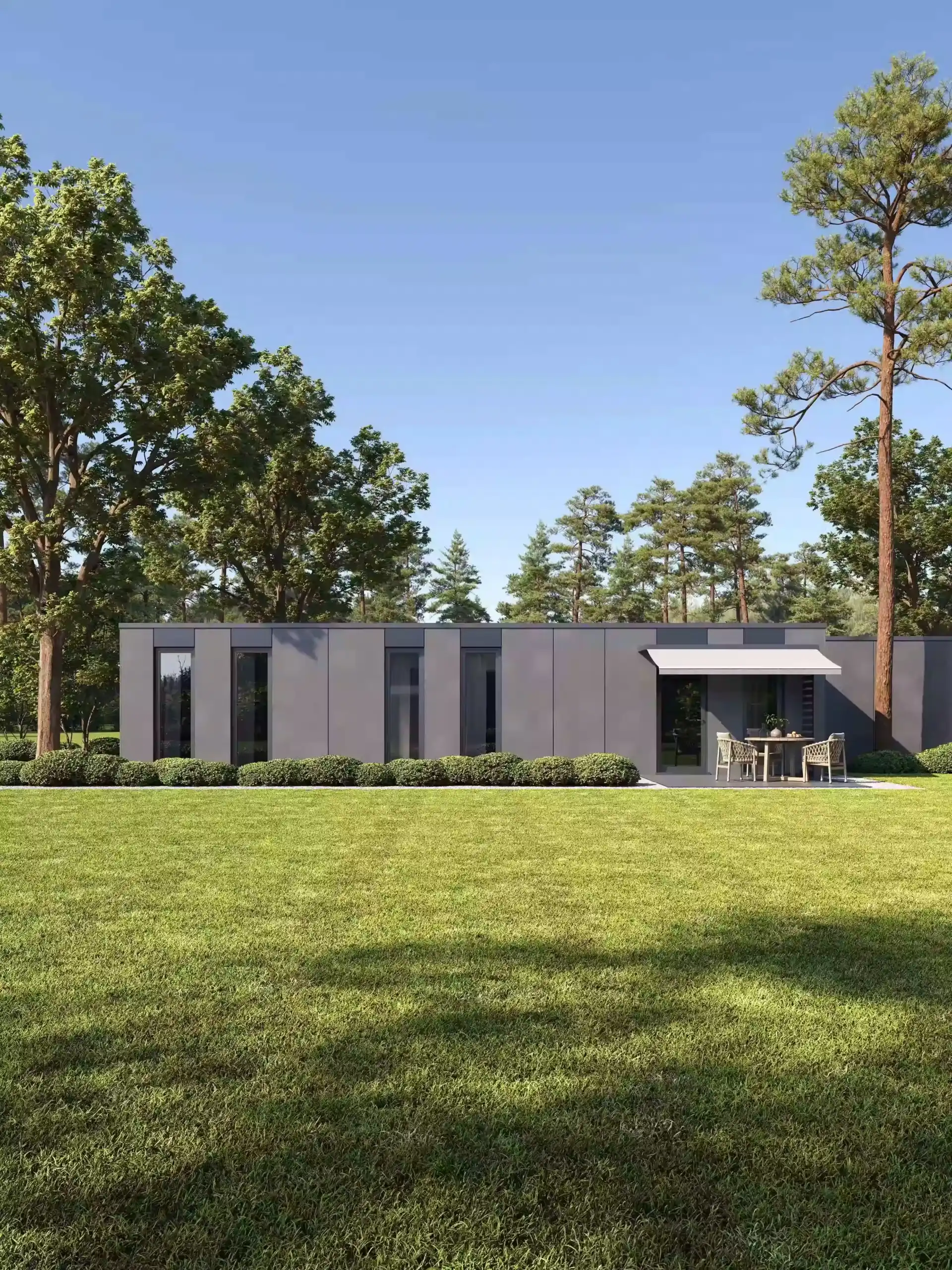 exterior render of a one-story house in grey color with green landscape