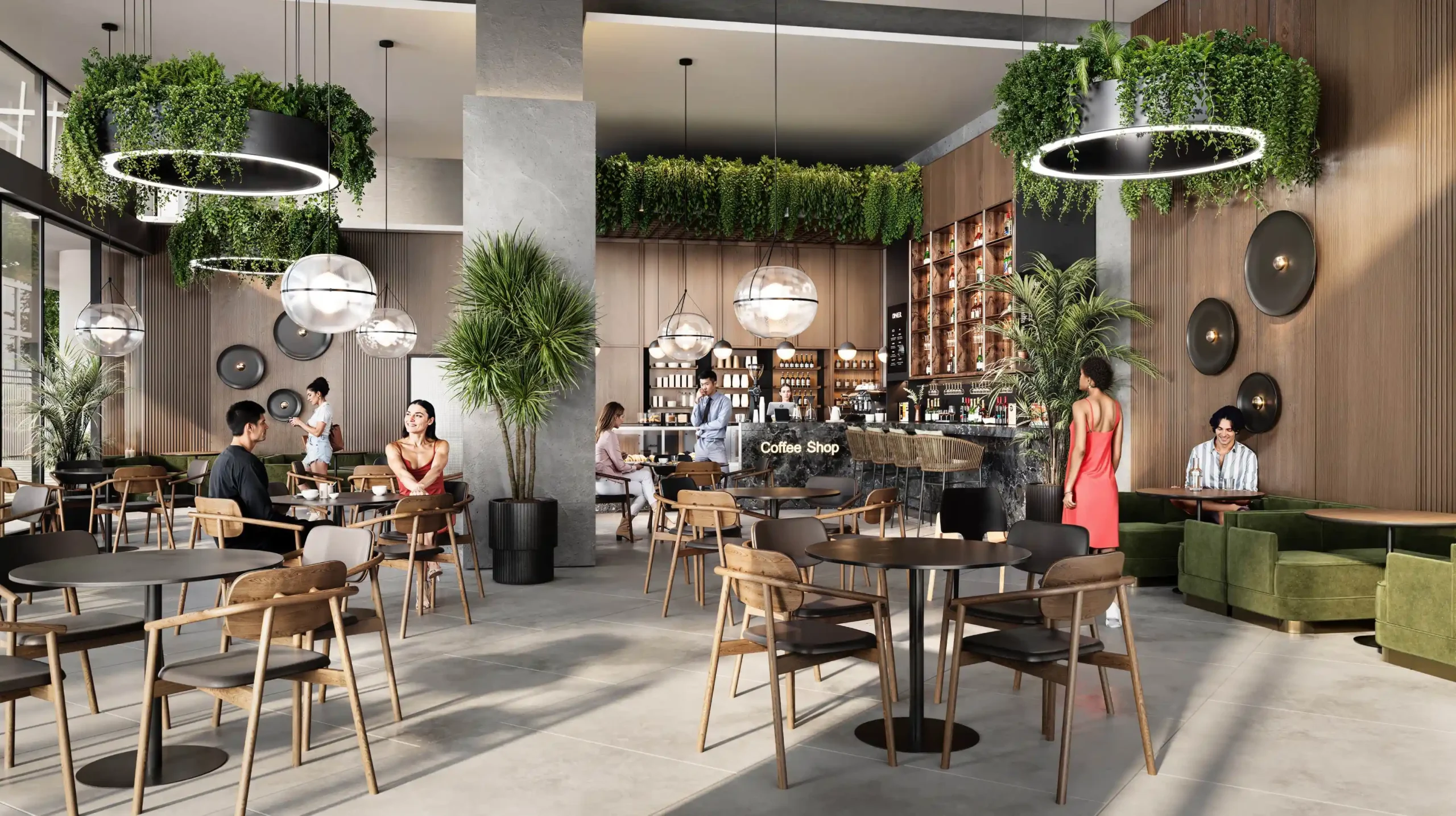 interior rendering of cafe in with greens near the ceiling