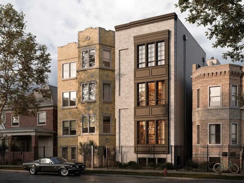 exterior render of the house in the golden hour in chicago
