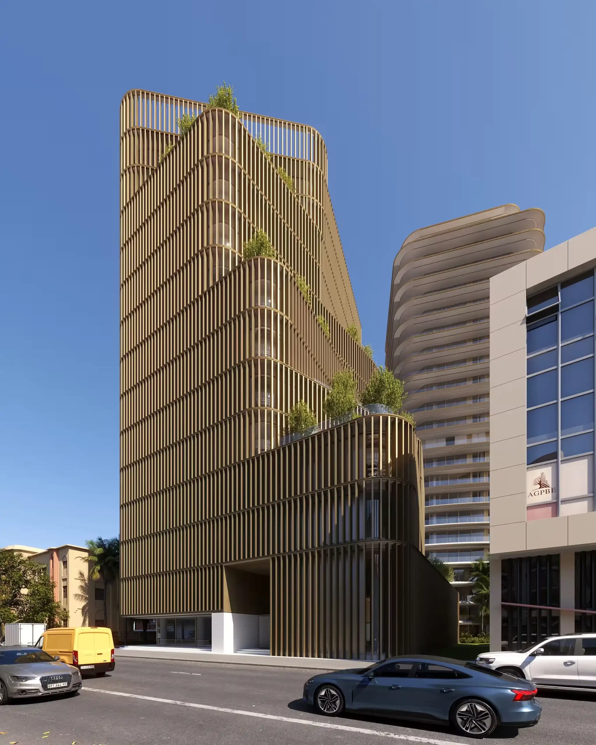 exterior rendering on the building designed with gold details