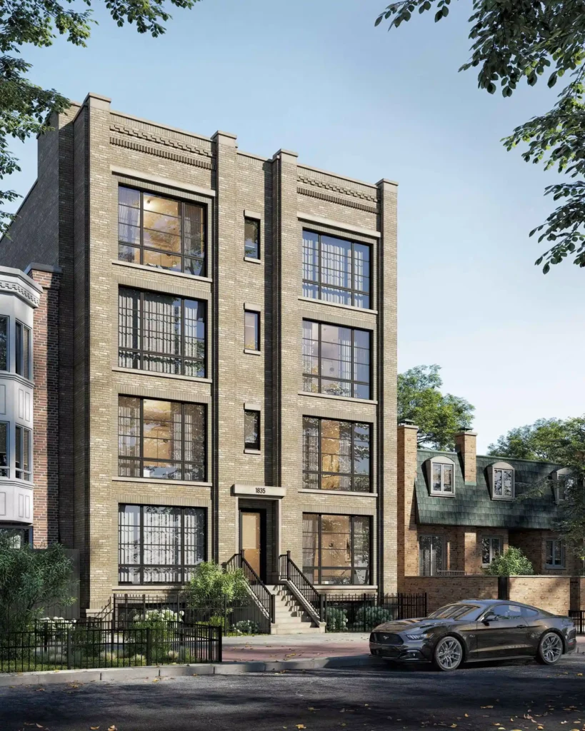 architectural visualization of the townhouse in creamy color in chicago