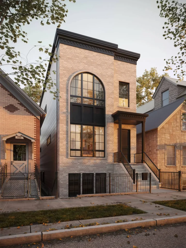 3D exterior render of the house in the golden hour