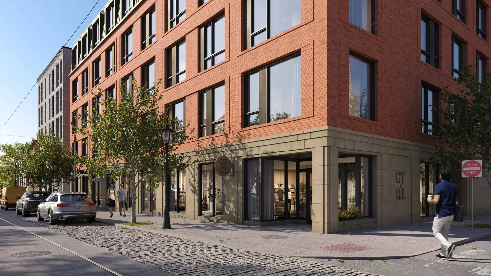 architectural render of building with a busy street