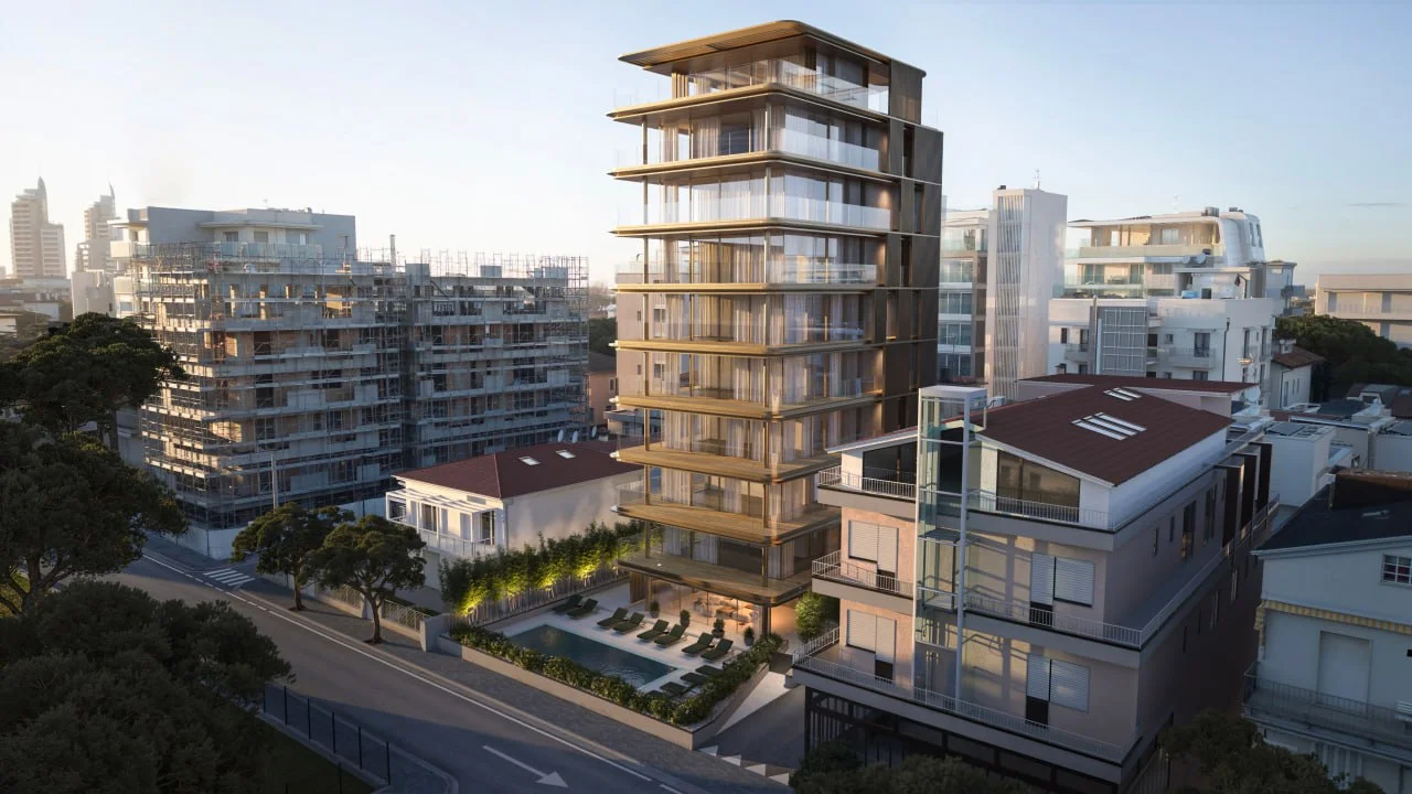 aerial architectural rendering of hight stored building in the golden hour