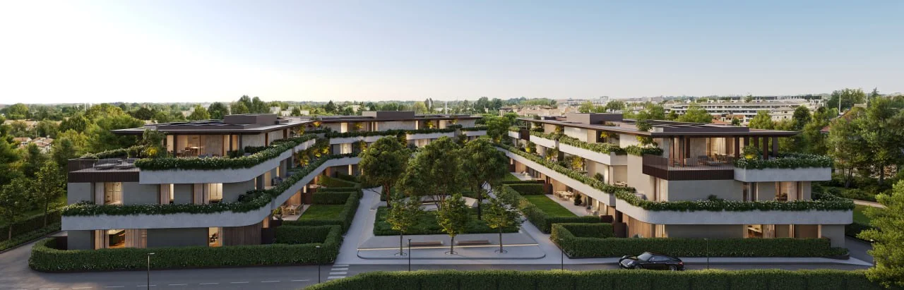 aerial view rendering of residential building with landscape