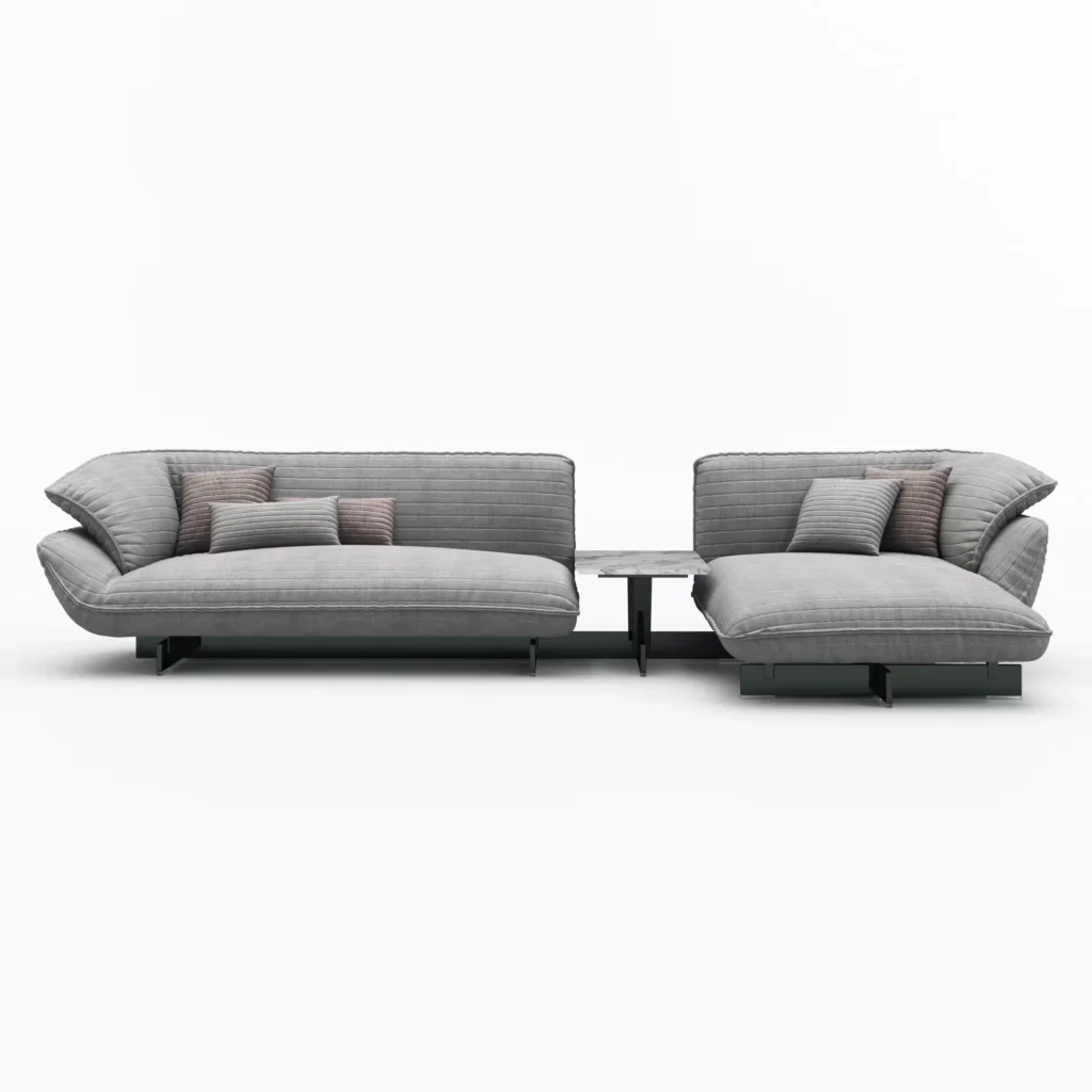 Modélisation 3D d’un canapé modulaire en tissu gris avec table d’appoint en marbre