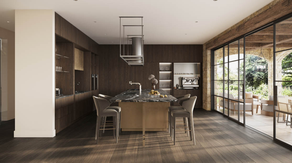 Modern 3D kitchen render with island and glass doors.