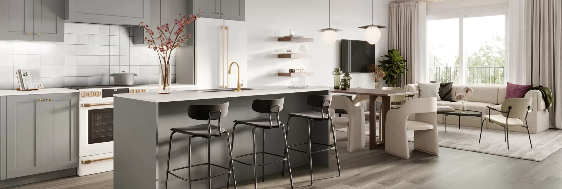 high-end 3d interior rendering of modern kitchen and living space with natural light and minimalist design