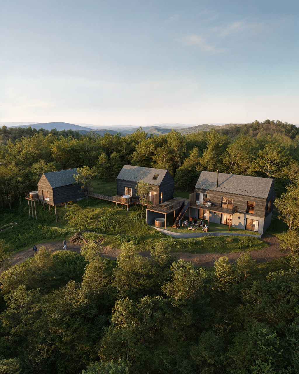 AI-generated construction process video showing a residential complex from empty landscape to completed buildings