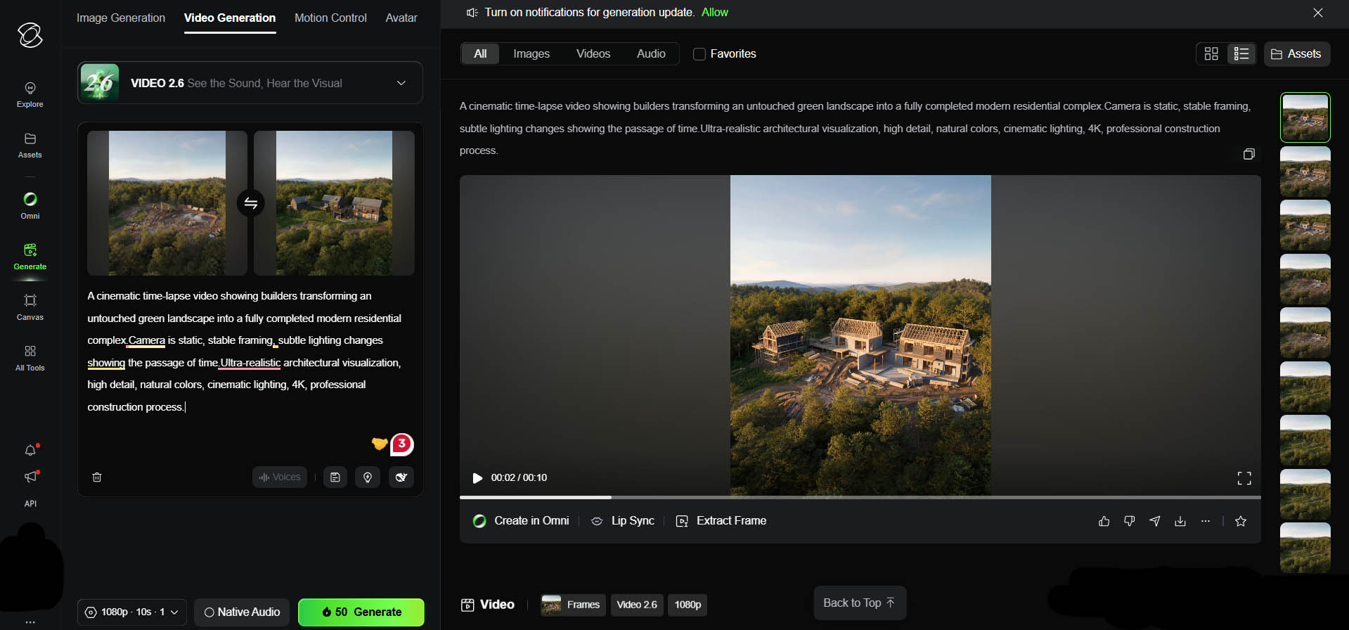 Kling AI video generation interface creating an AI-generated construction process video from start and end frames