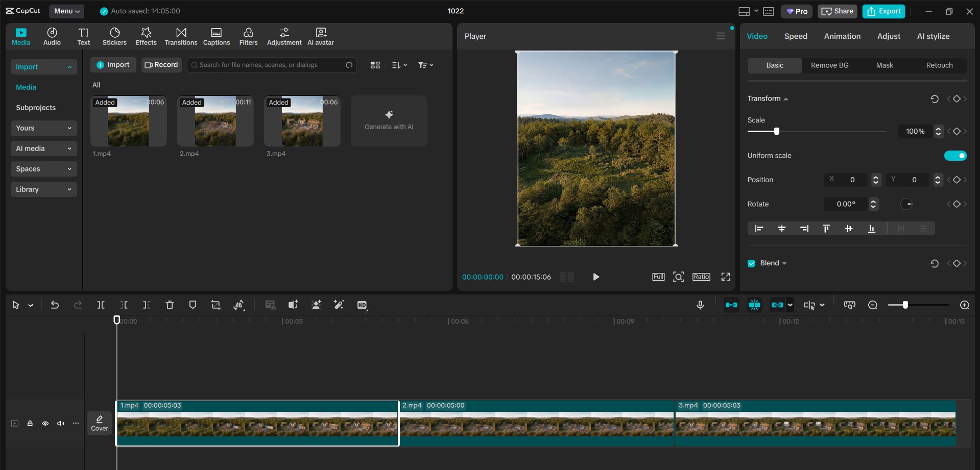 CapCut timeline editing AI-generated construction process video with multiple construction stages stitched together