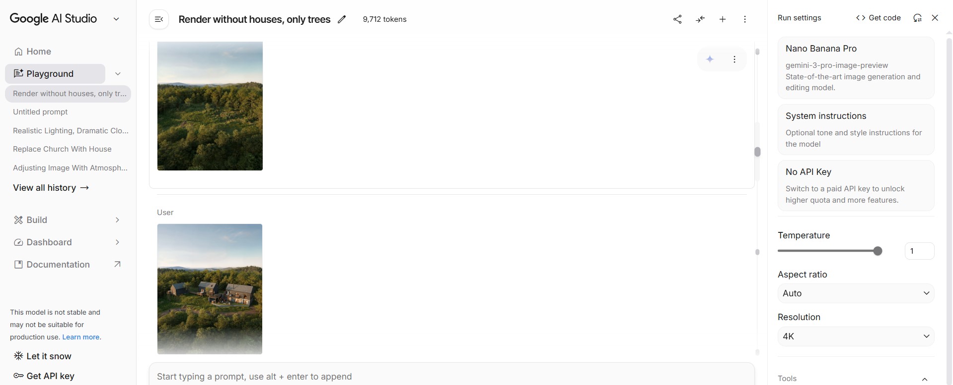 Google AI Studio interface showing Nano Banana generating construction milestones for an AI-generated construction process video