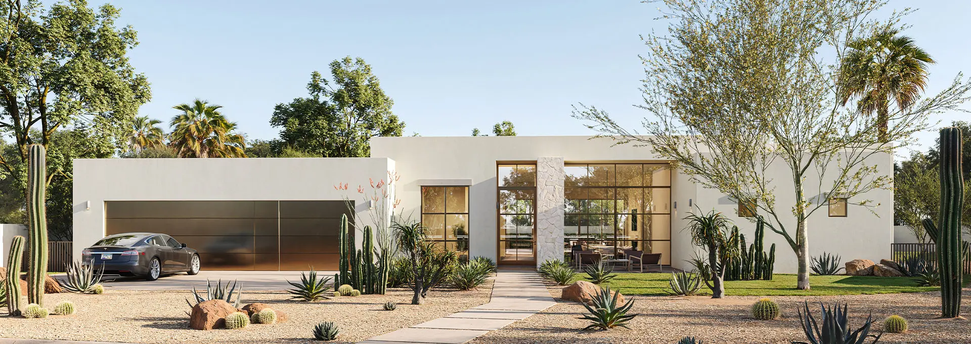 3D architectural rendering of a modern single-story house with flat roof, desert landscaping, cacti, and steel-frame floor-to-ceiling windows