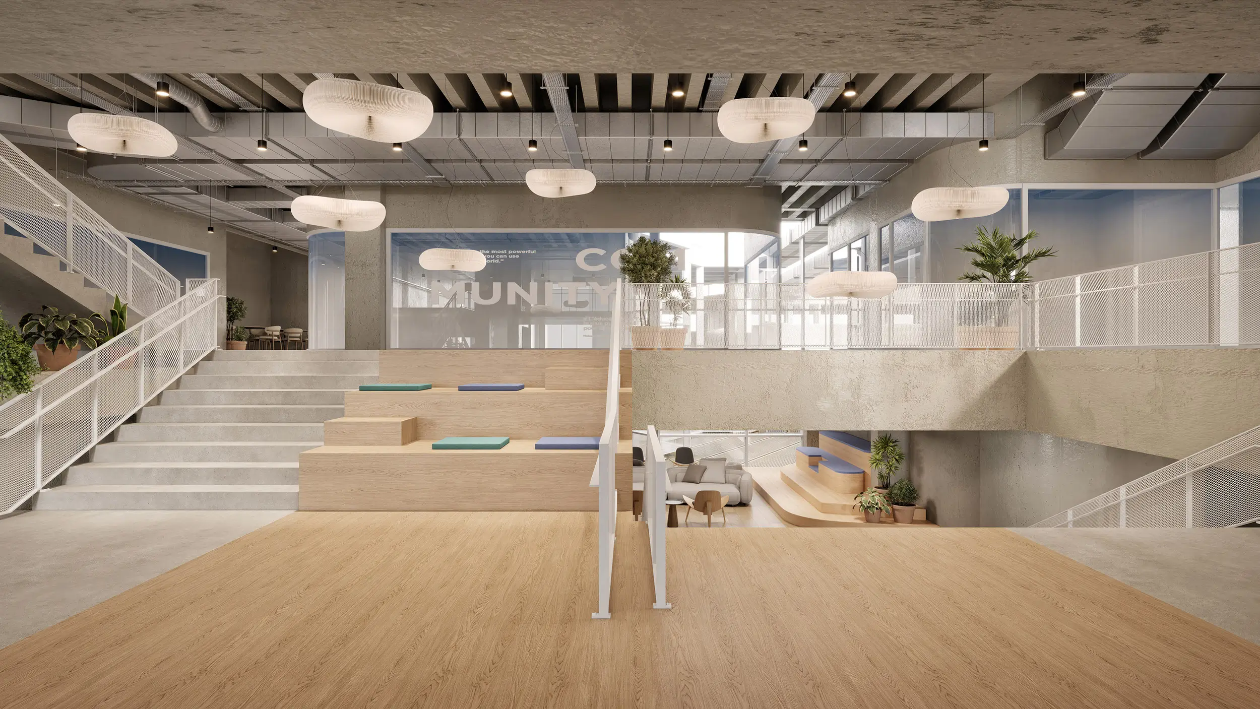 Commercial interior rendering of a student lounge at ESSEC Business School by Freedes Studio