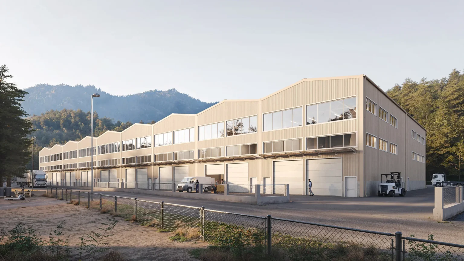 Aerial masterplan rendering of a commercial property development