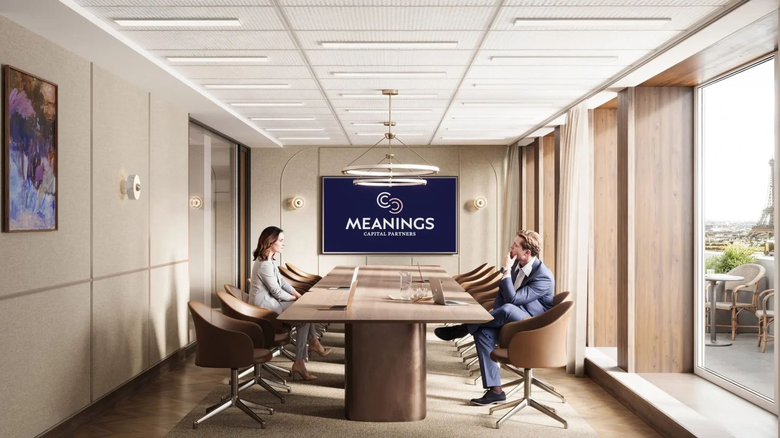Boardroom interior rendering for Meaning Capital, designed by Unispace