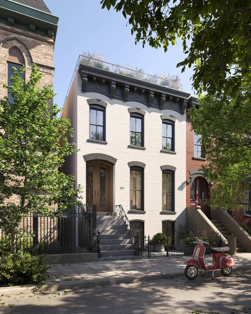 Rendu 3D d’une maison de ville rénovée à Brooklyn, façade en brique crème, toit-terrasse végétalisé et entrée cintrée