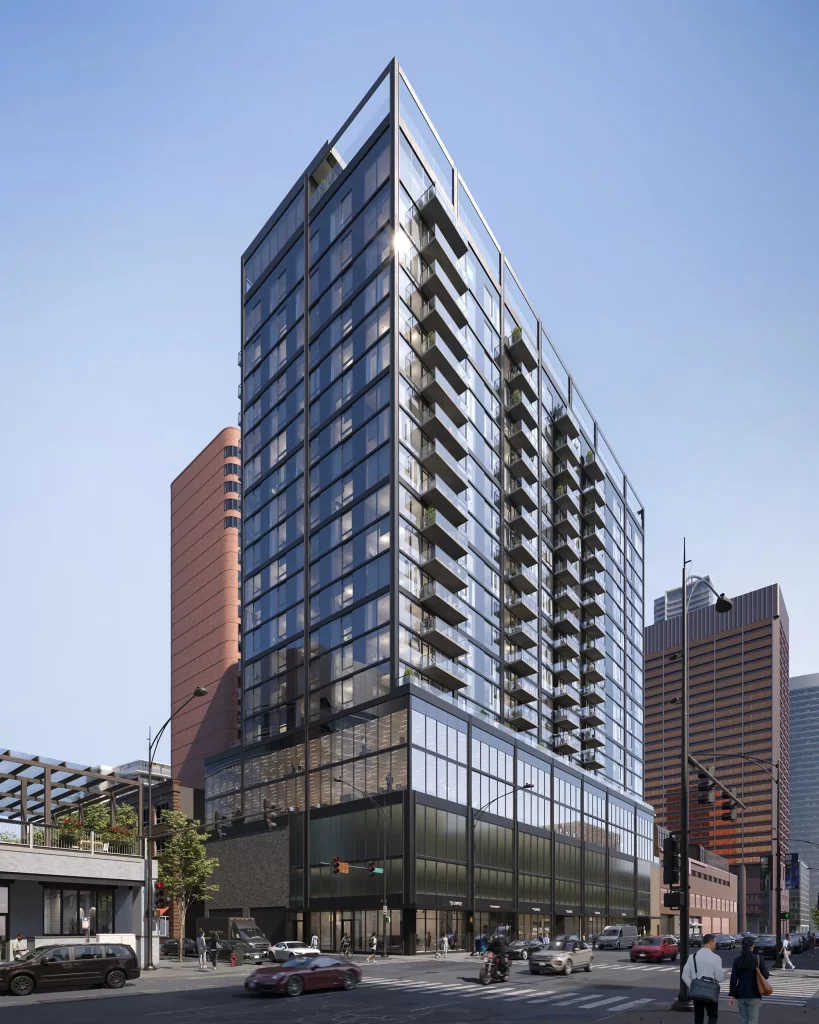 Rendu architectural d’une tour résidentielle à façade vitrée et balcons en porte-à-faux au centre de Chicago