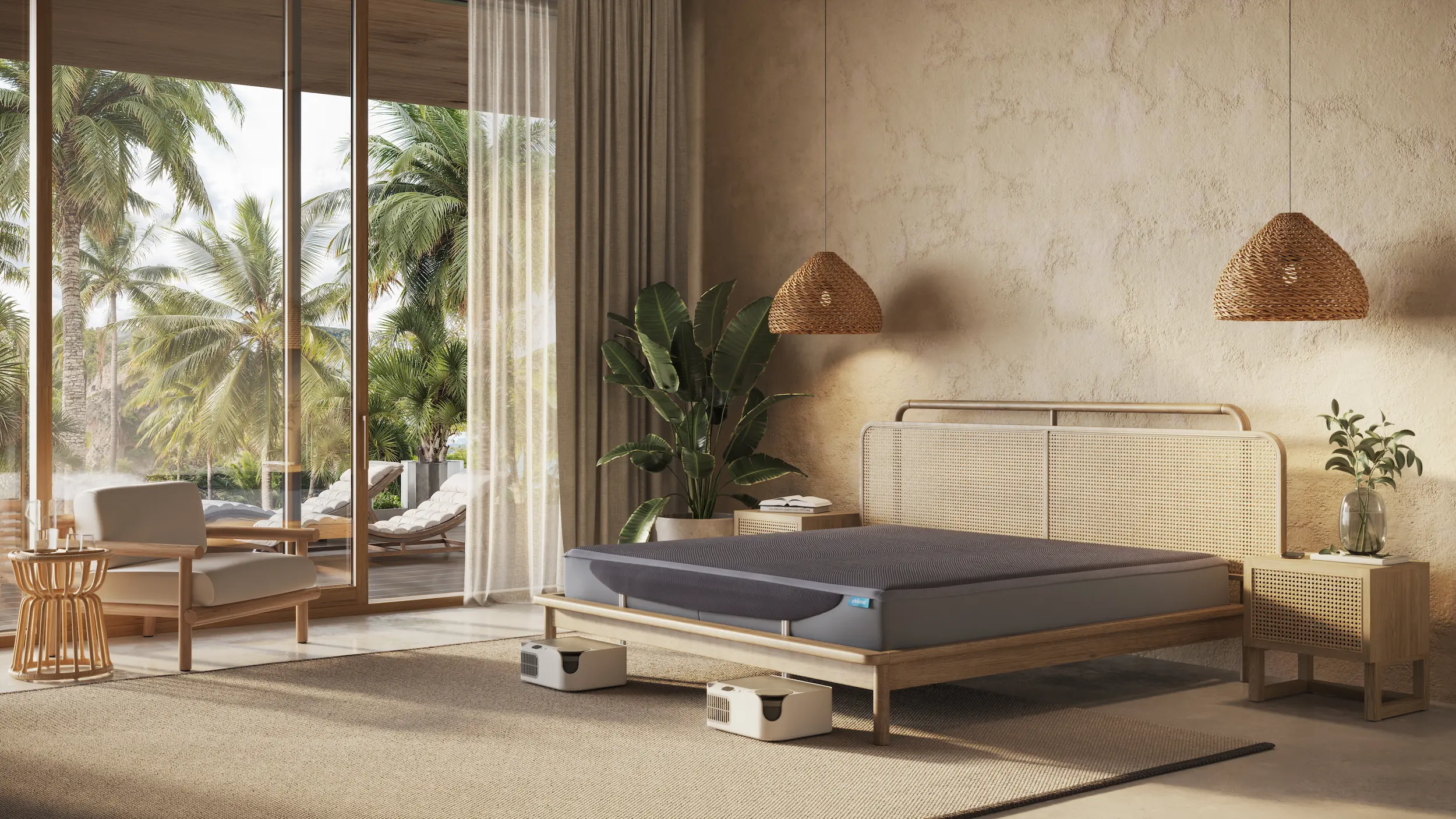 Chilipad adjustable bed in a tropical bedroom lifestyle scene with natural lighting
