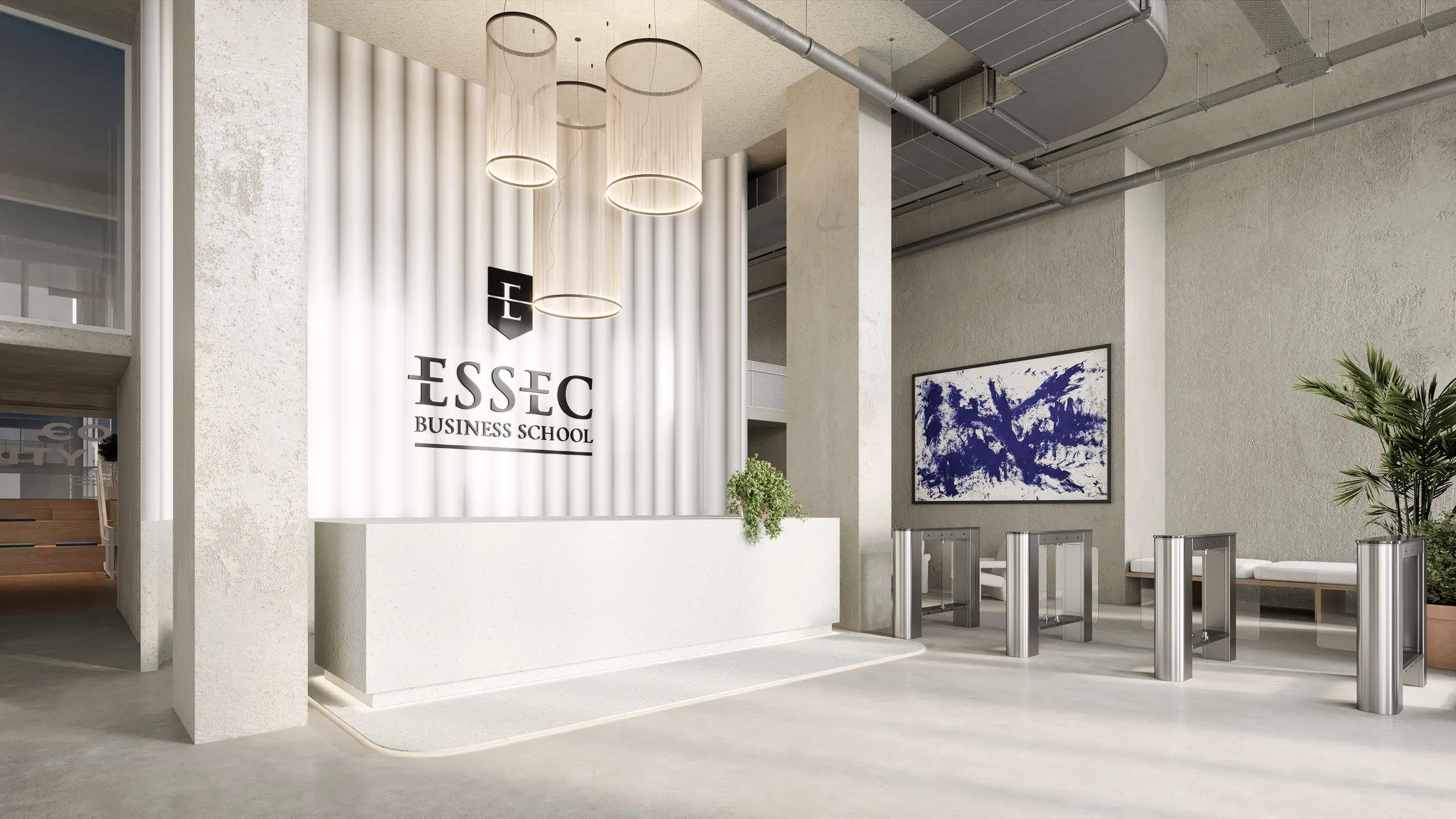 Commercial 3D rendering of the main lobby at ESSEC Business School, interior designed by Unispace