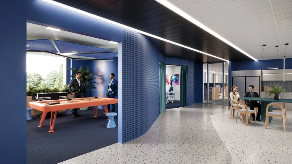 Commercial interior rendering of the games and social lounge at Bourne Business Park, a Unispace project