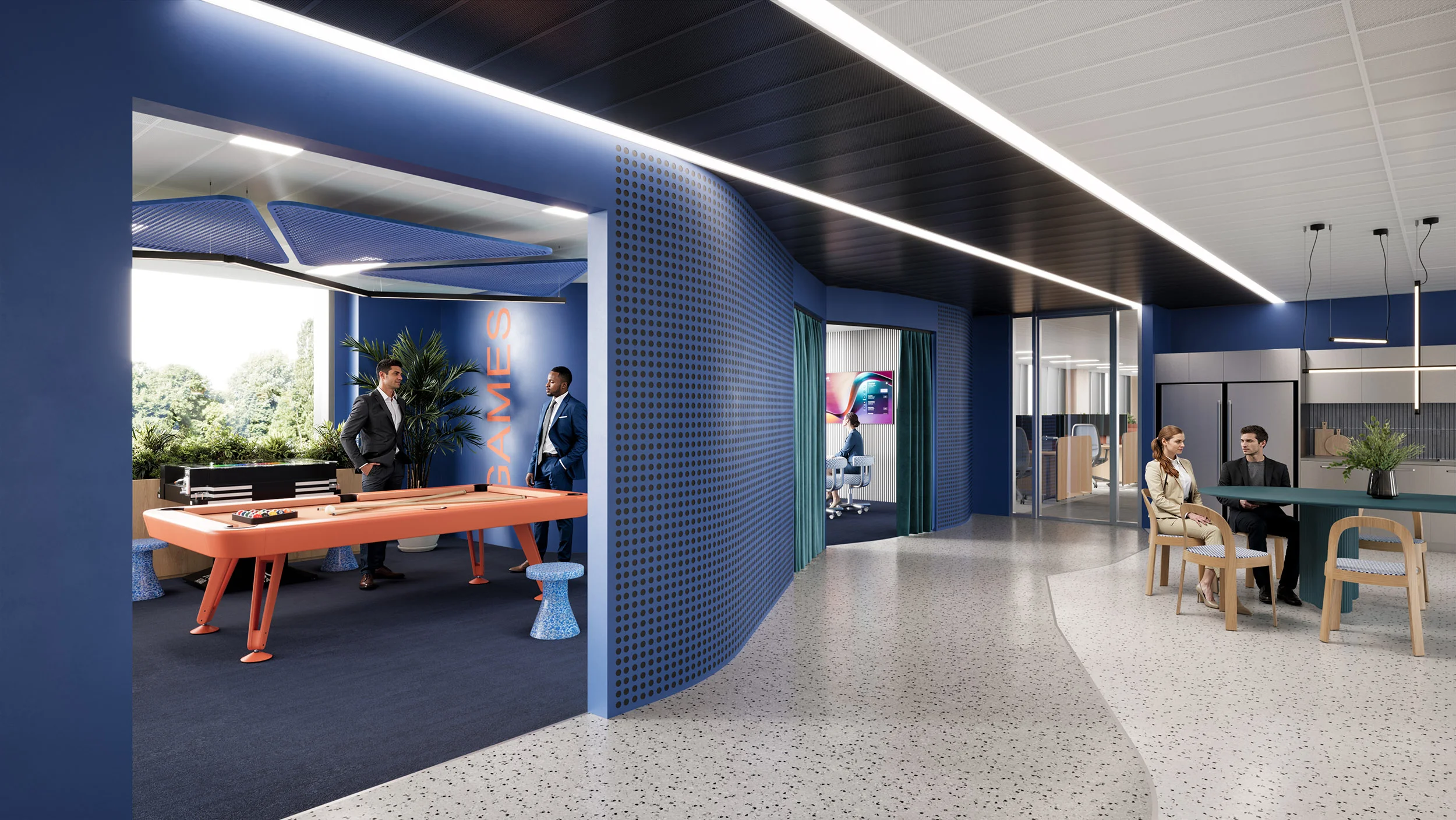 Commercial 3D rendering of the games and social area at Bourne Business Park, workplace designed by Unispace