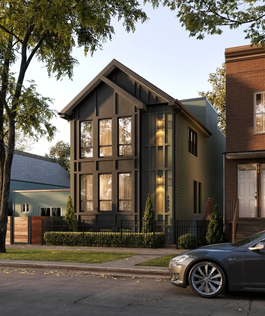 Maison individuelle contemporaine à Chicago, toit à pignon, bardage vert foncé et baies vitrées toute hauteur