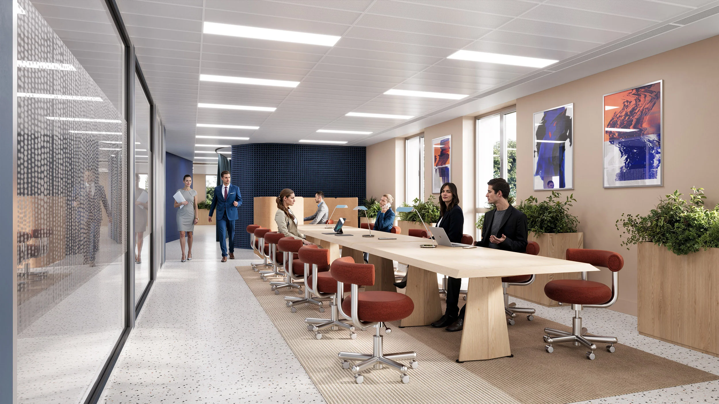 Corporate interior rendering of a collaborative workspace at Bourne Business Park by Unispace