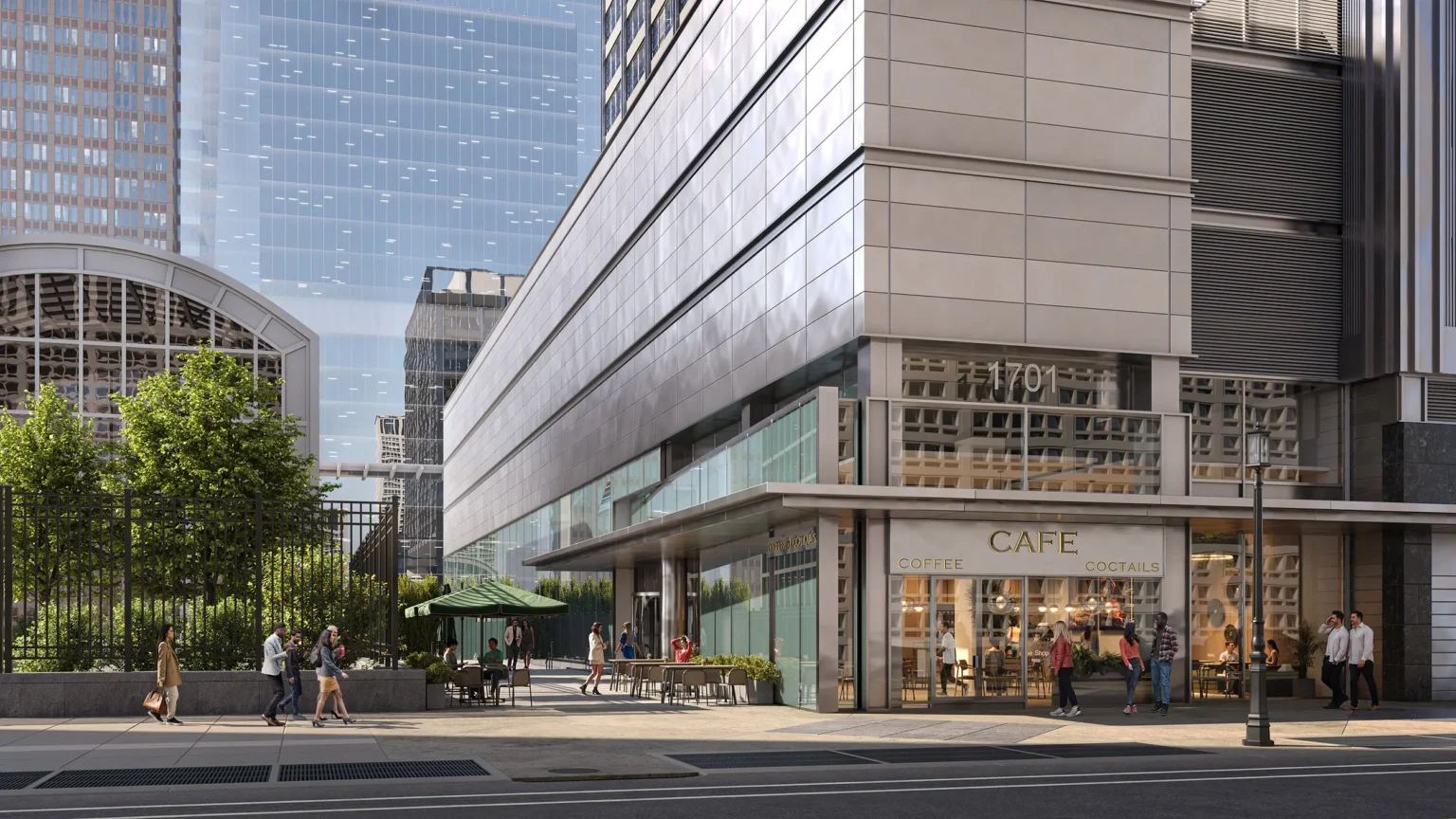 Architectural rendering of a corporate tower at 1701 Market Street in Chicago, designed by NORR