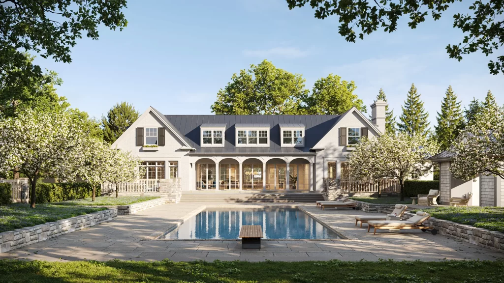 Rendu extérieur d’une maison de campagne de luxe avec piscine, porche à colonnes classiques et jardin paysagé