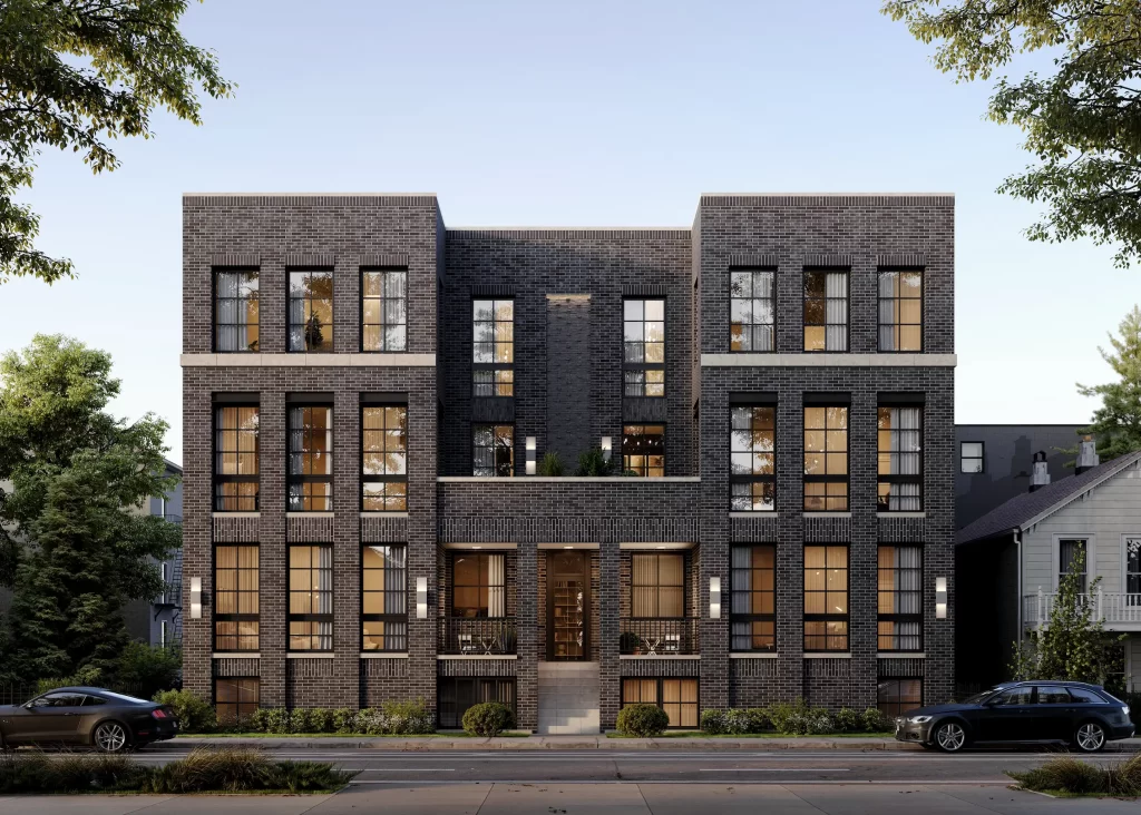 Rangée de maisons de ville modernes en brique sombre, façade symétrique au crépuscule