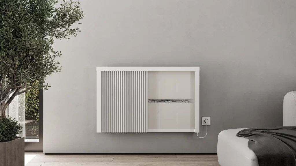 Rendu 3D produit d’un radiateur design avec tablette de rangement dans une chambre