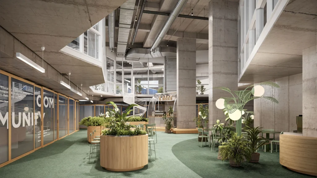 Rendu intérieur du campus de l’ESSEC en France, conception Unispace