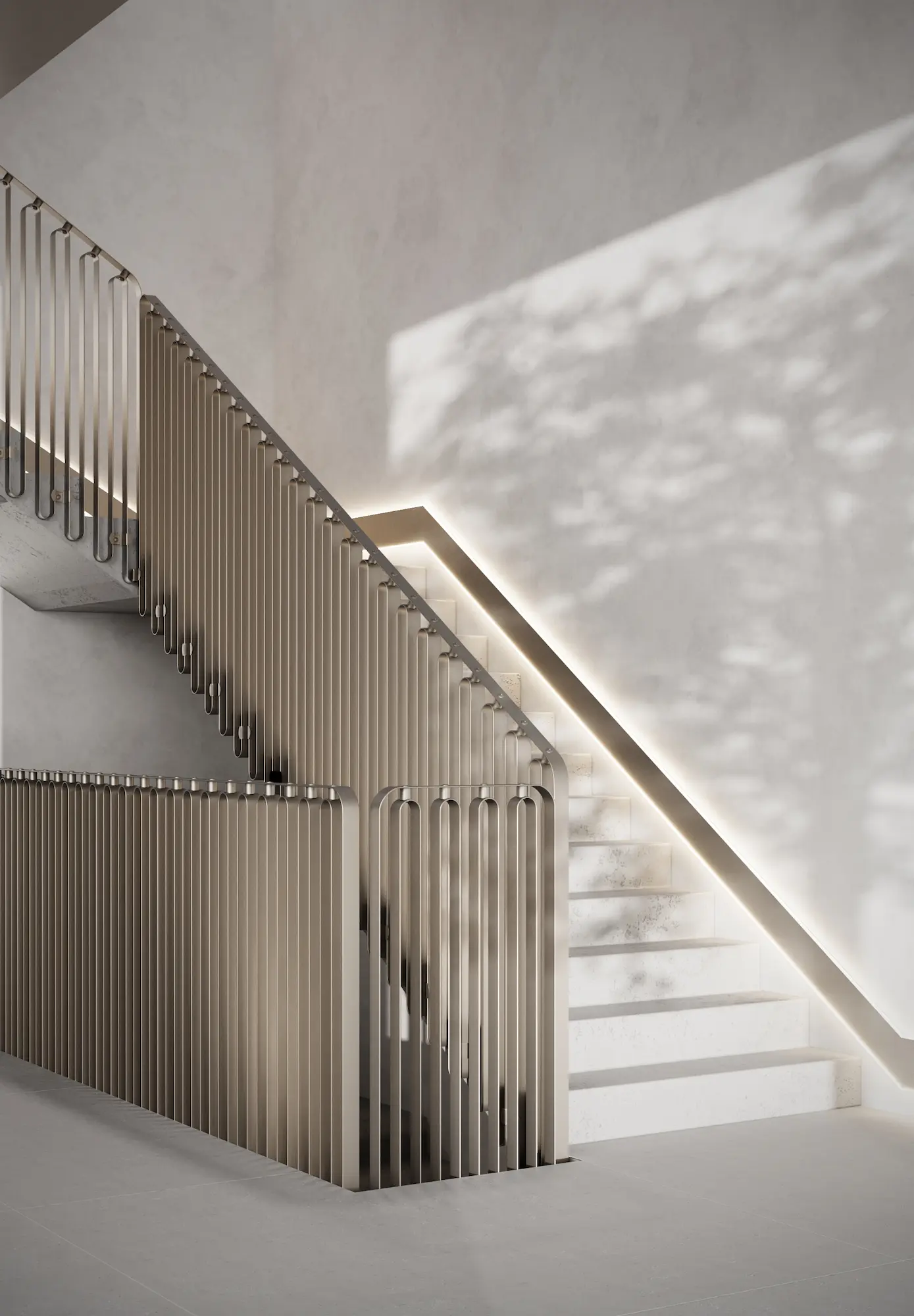 3D product rendering of a metal staircase with vertical railing in a minimalist interior