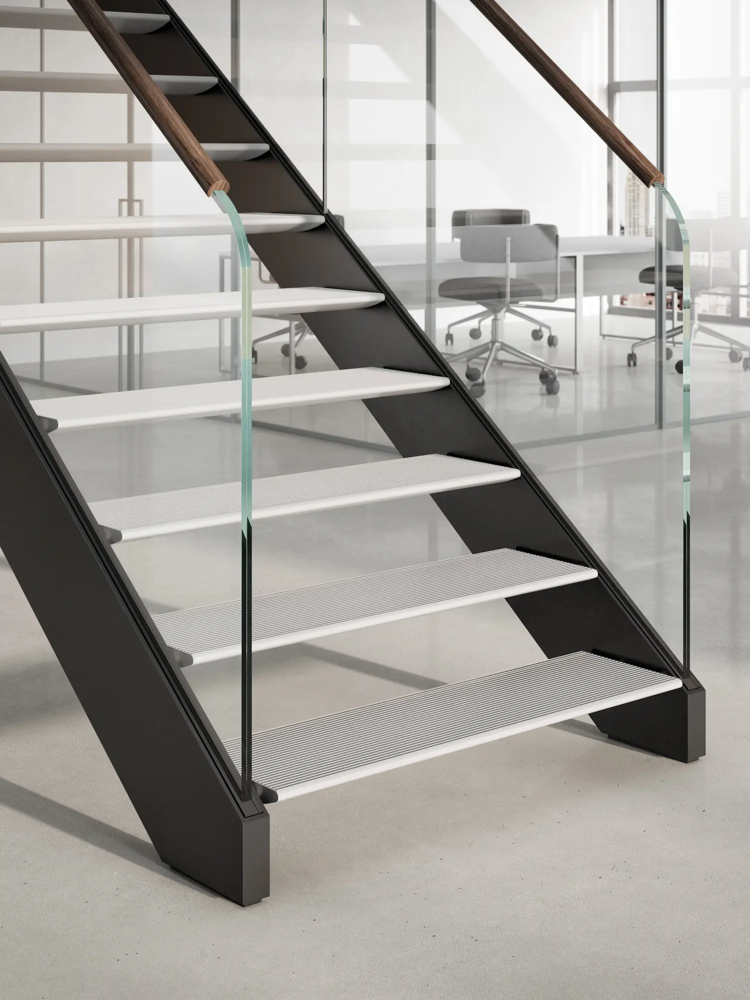 Photorealistic 3D product render of EeStairs NextGen straight staircase with glass panels