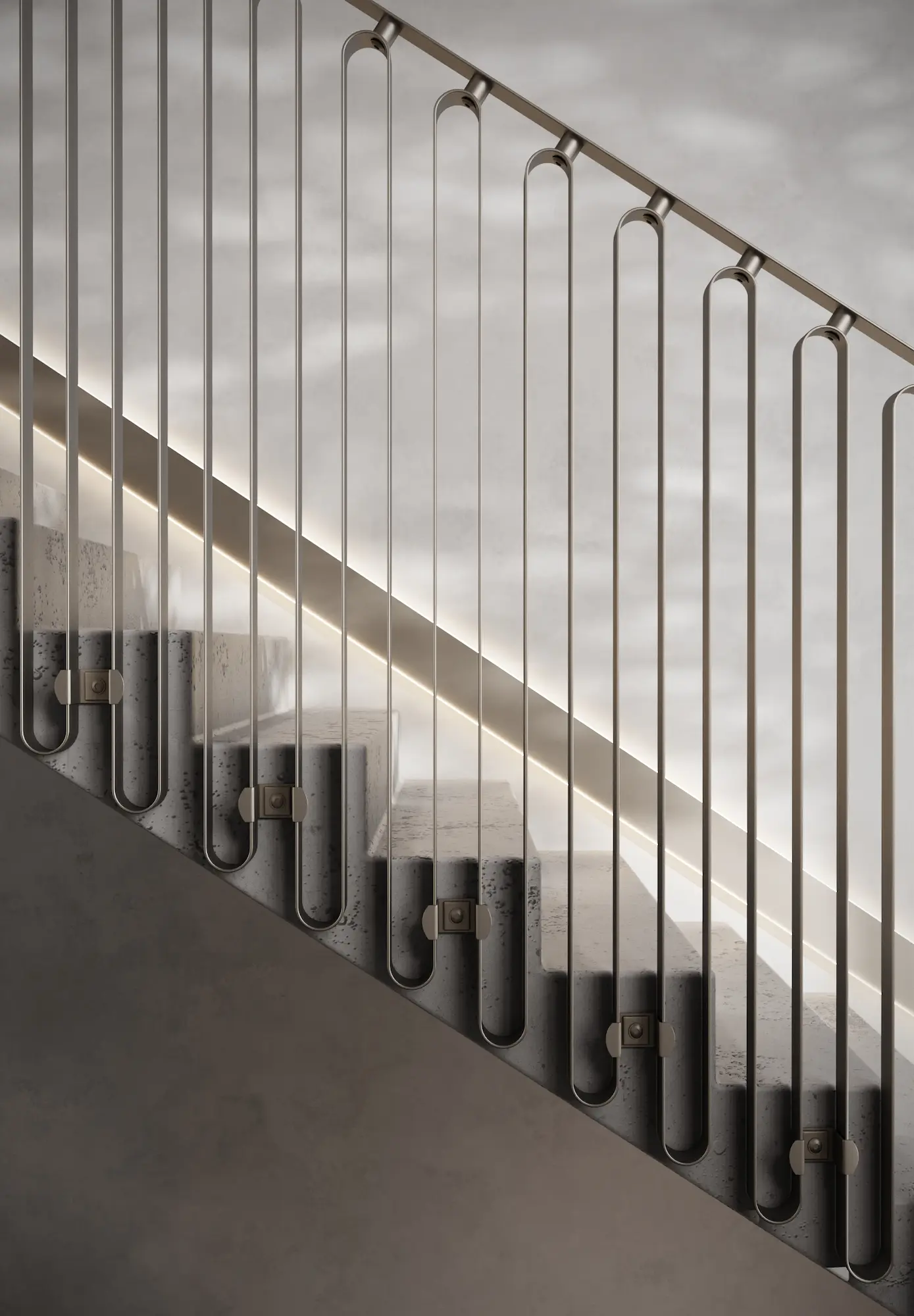 Close-up 3D render of staircase railing with brass fixings and natural light