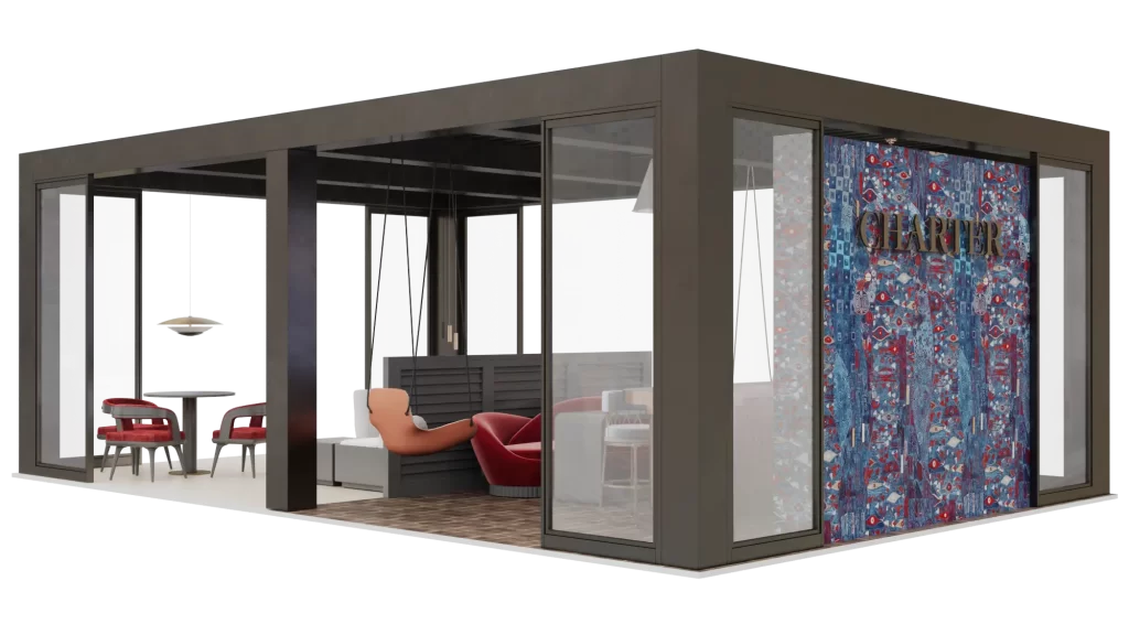 Rendu 3D produit d’un stand de showroom de mobilier avec assises design