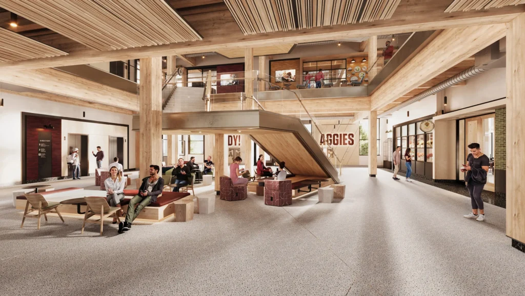 Rendu intérieur des espaces collaboratifs de l’Aplin Center, conception DLR Group