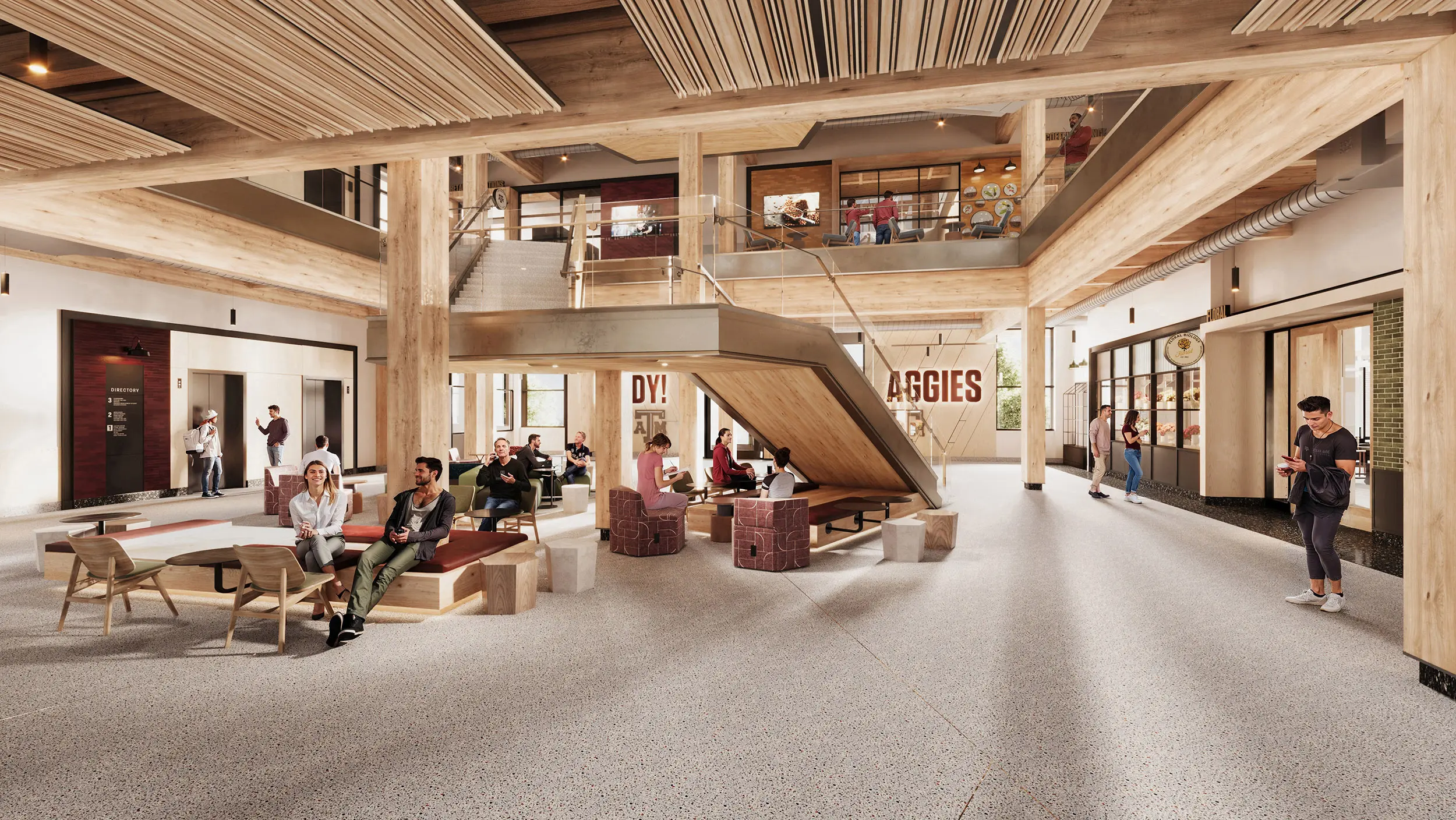 Interior rendering of the Aplin Center collaborative spaces, designed by DLR Group