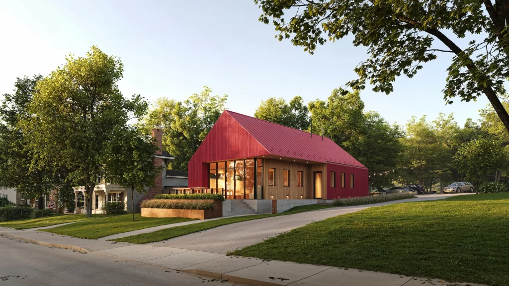 Maison moderne d’inspiration grange à toit à pignon rouge vif, bardage bois et grandes baies vitrées