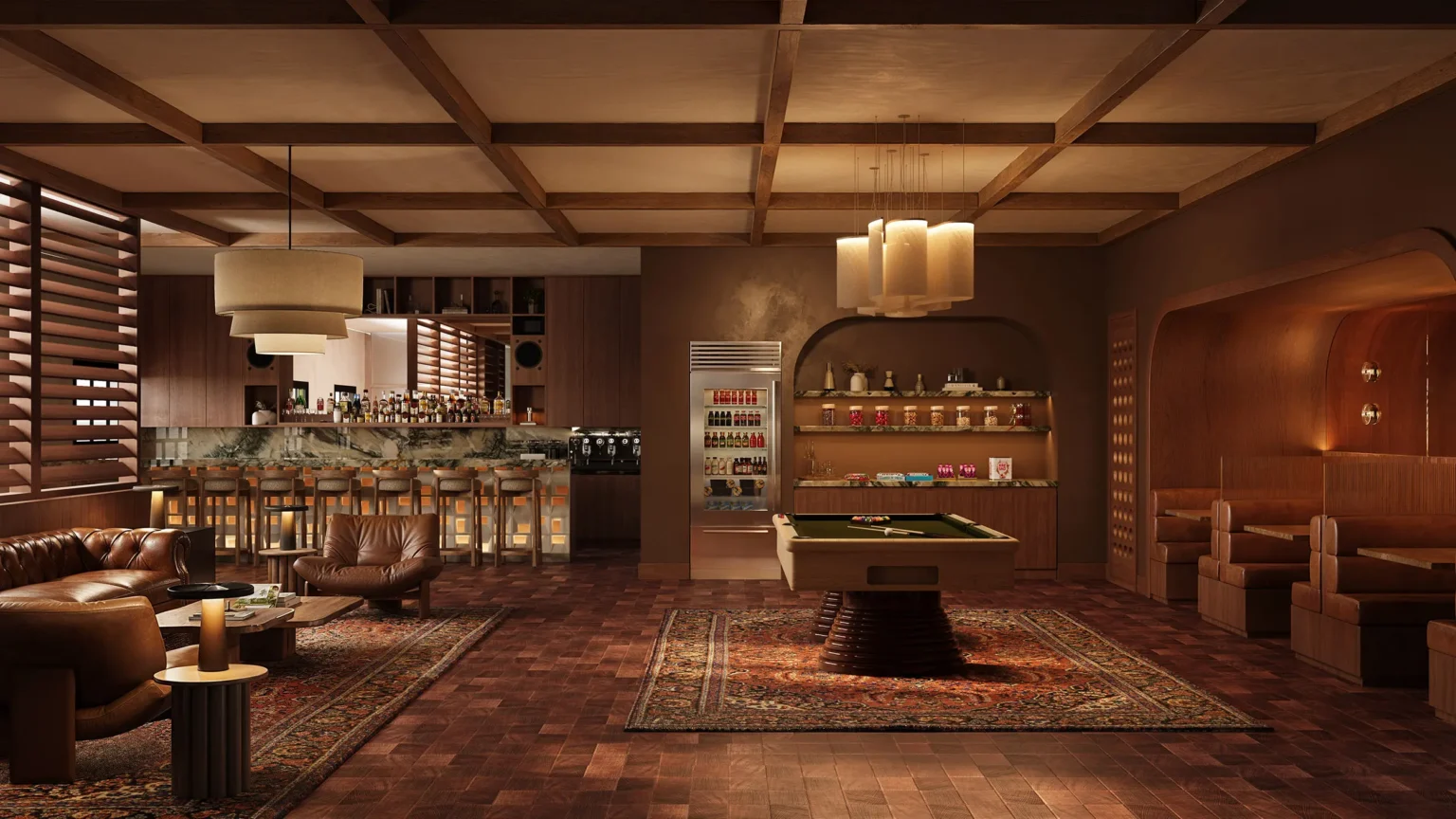 Photorealistic rendering of a retail bar interior at 2055 S Barrington Avenue, designed for Stableford