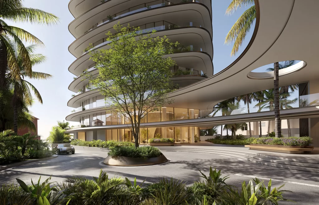 Visualisation 3D d’une tour de luxe aux lignes courbes, balcons organiques en gradins et palmiers