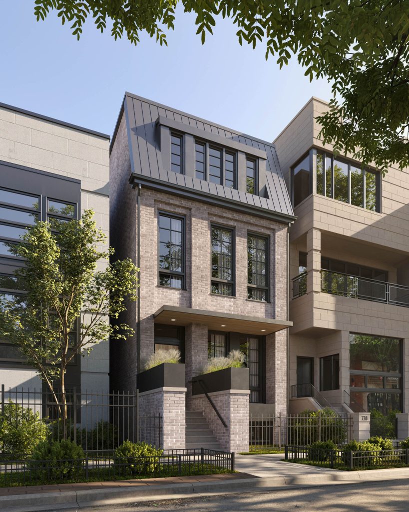 Visualisation extérieure d’une maison de ville moderne à façade sombre et grandes baies vitrées
