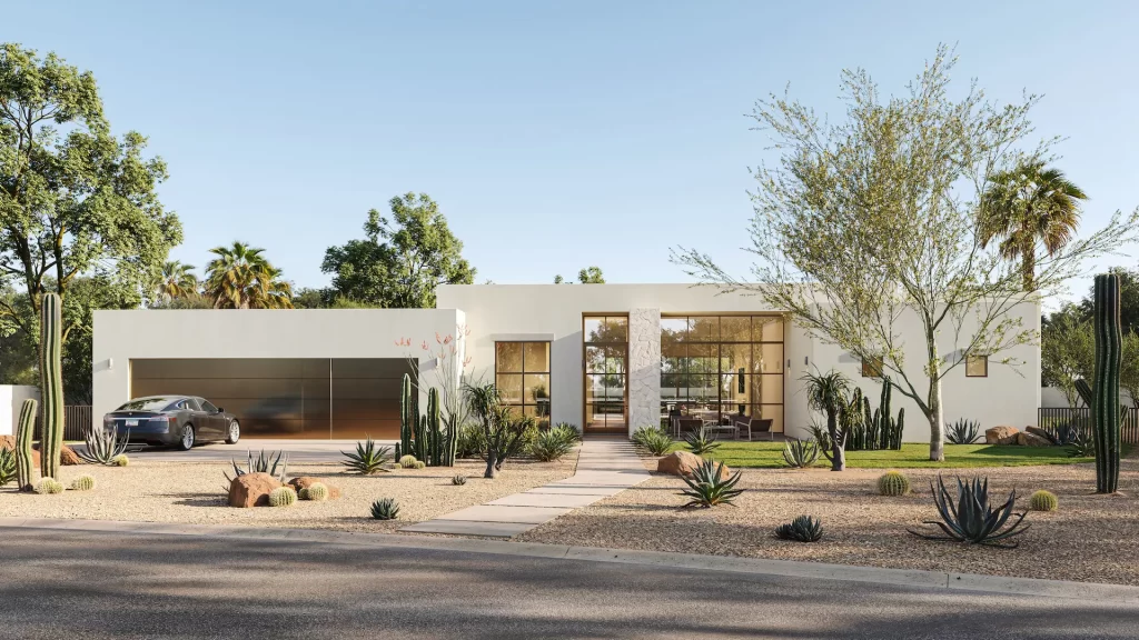 Rendu architectural 3D d’une maison moderne du désert avec cactus, en Arizona