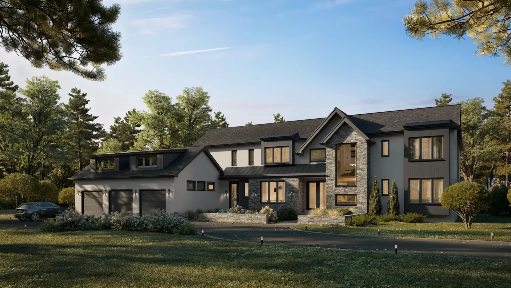 Visualisation architecturale 3D d’une maison contemporaine à deux niveaux avec parements en pierre