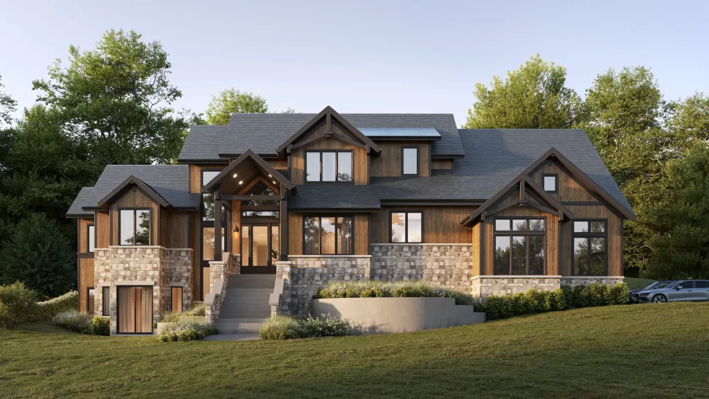 Rendu 3D extérieur d’une maison de style craftsman de montagne à Lake Geneva, Wisconsin