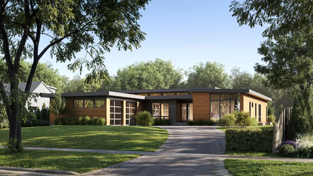 Visualisation 3D extérieure d’une maison mid-century à toit plat et bardage bois