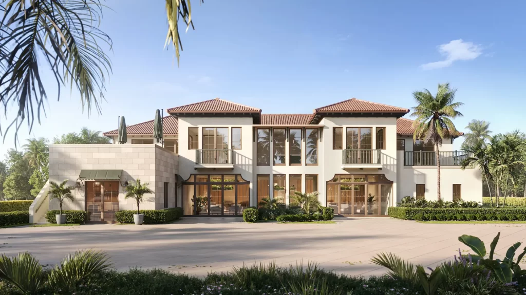 Rendu 3D d’une villa méditerranéenne à toiture en tuiles et palmiers