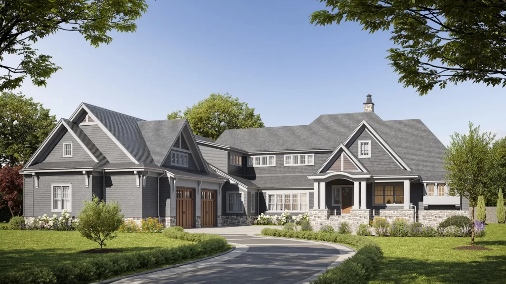 Visualisation 3D d’une maison bardée de bardeaux avec entrée en pierre
